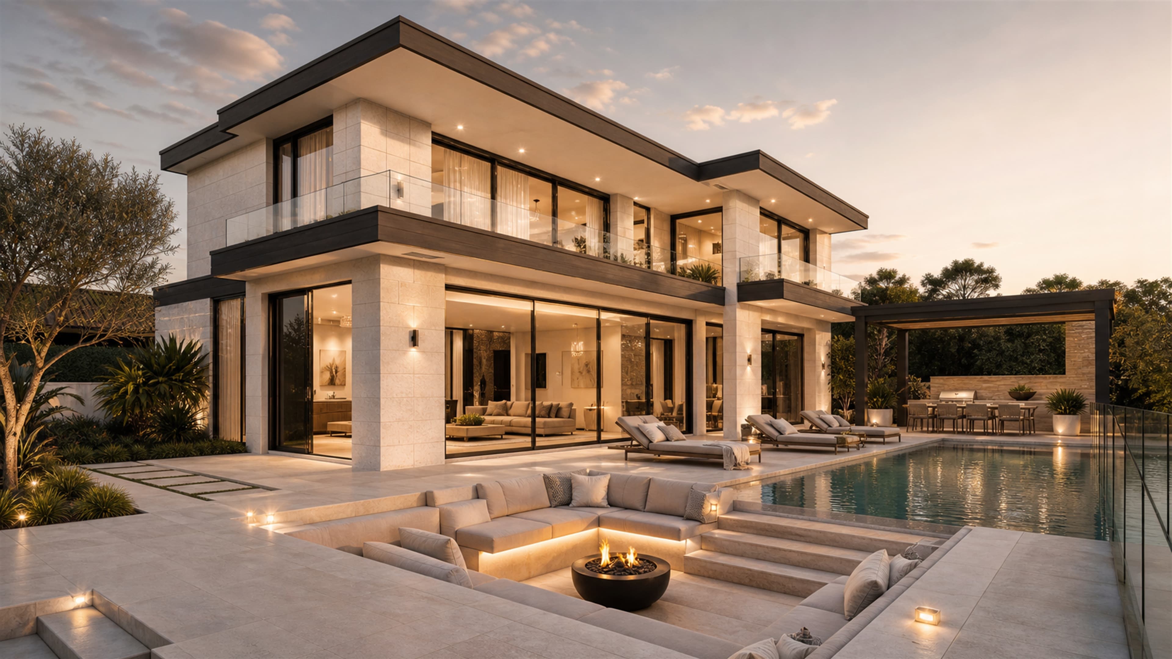 Modern luxury residence with warm stone, pool terrace and evening light.