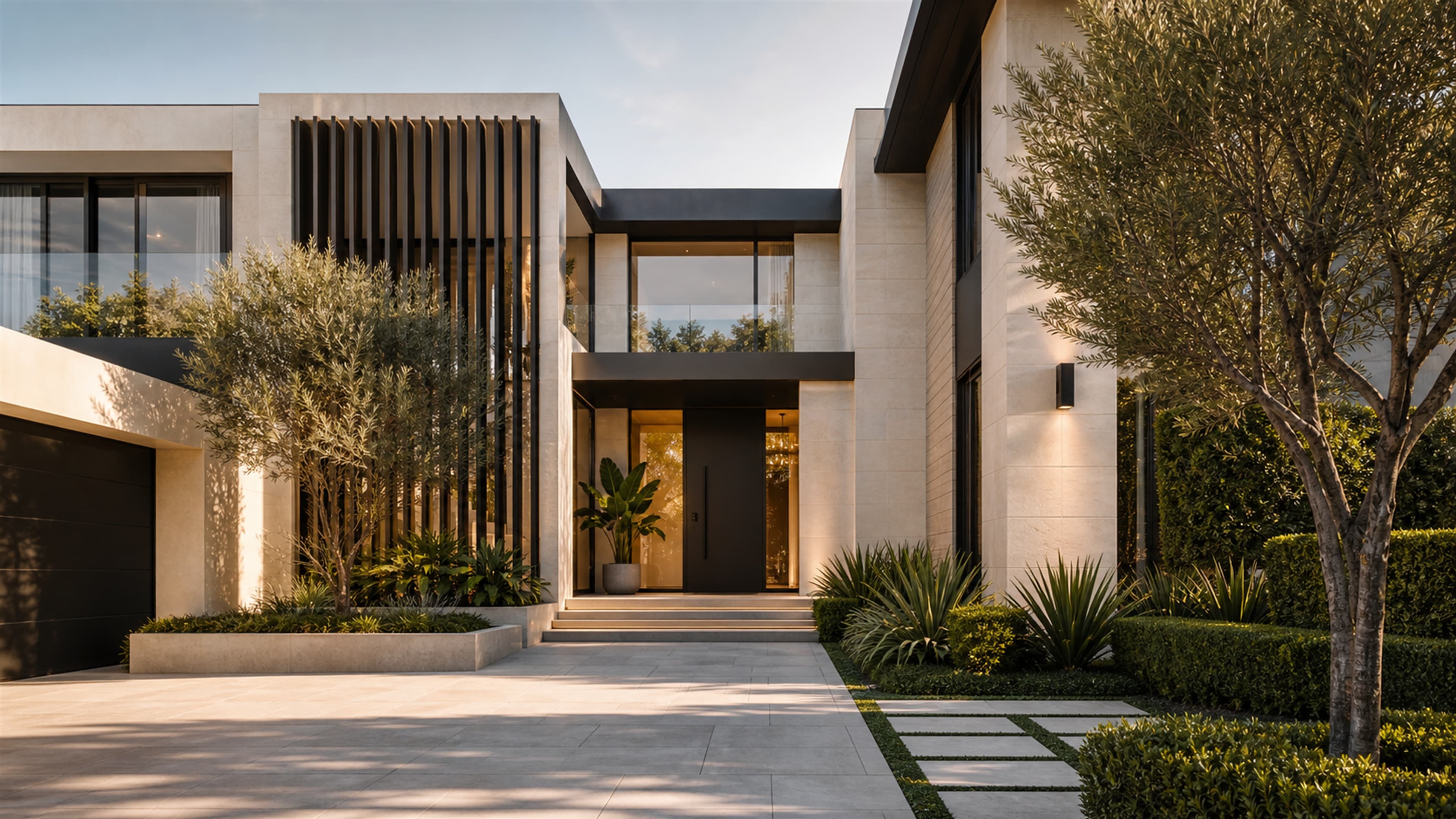 Contemporary luxury home entrance with ivory stone and charcoal details.