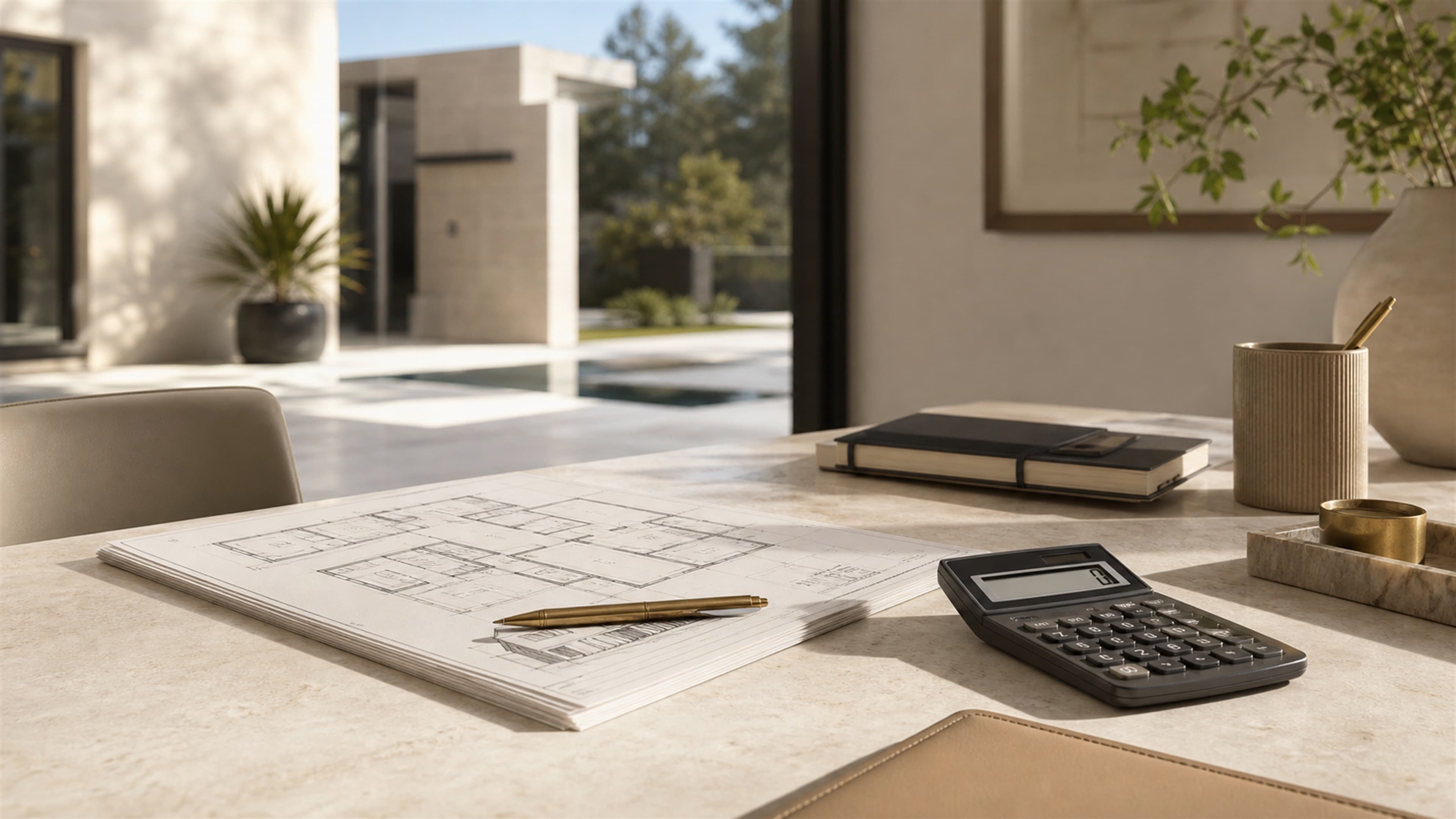 Premium property planning desk with drawings and calculator.