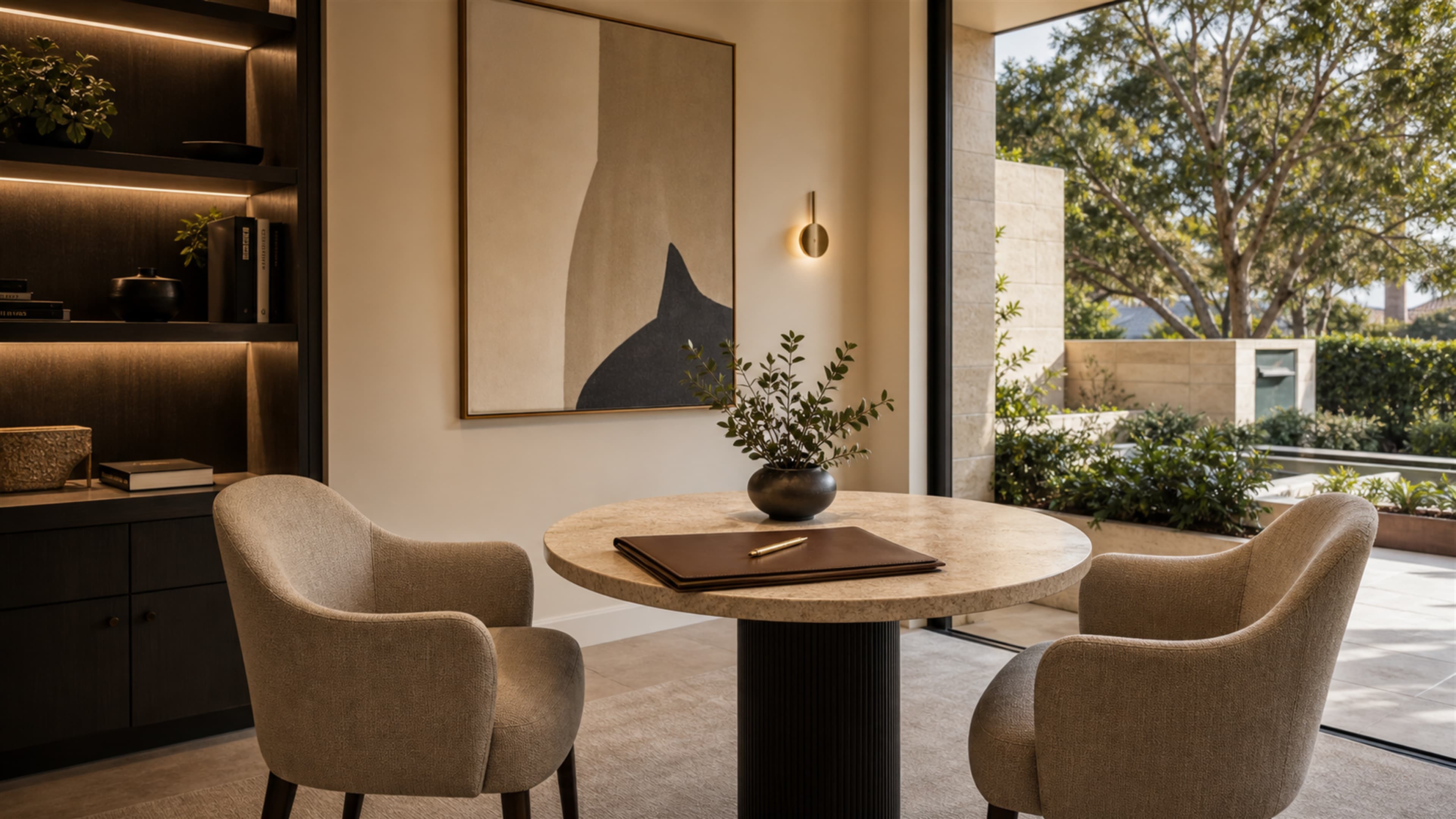 Private luxury consultation setting with two chairs and a stone table.