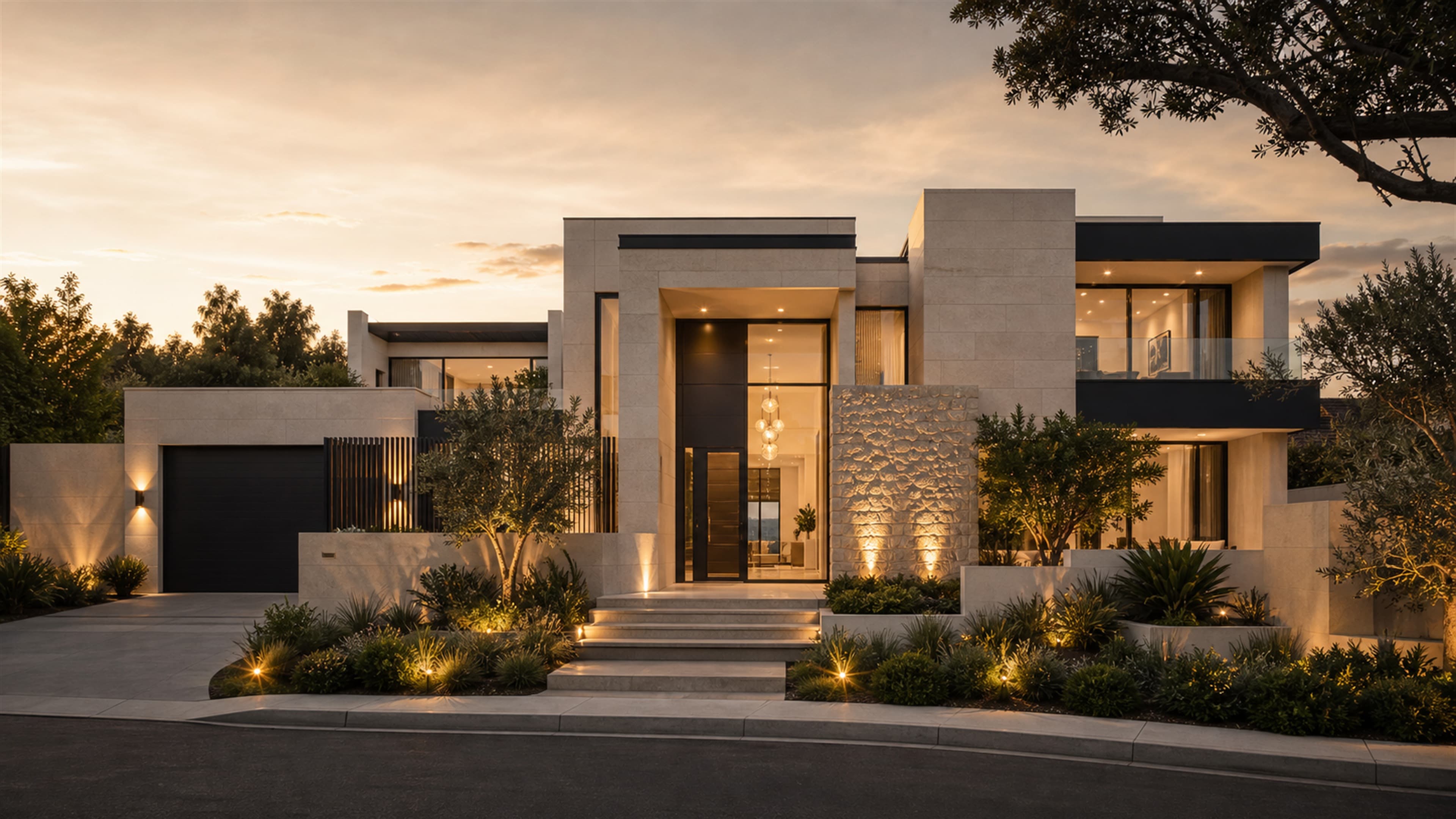 Luxury property facade at golden hour with refined landscaping.